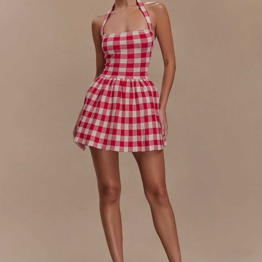 Meshki Lindsay Halter Knit Mini Dress - Red Gingham